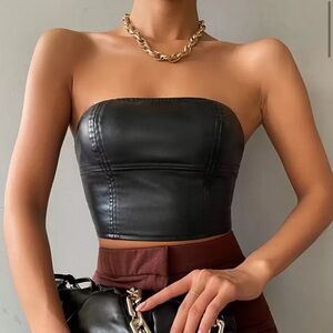 Black Leather Crop Top with Gold Chain Bag